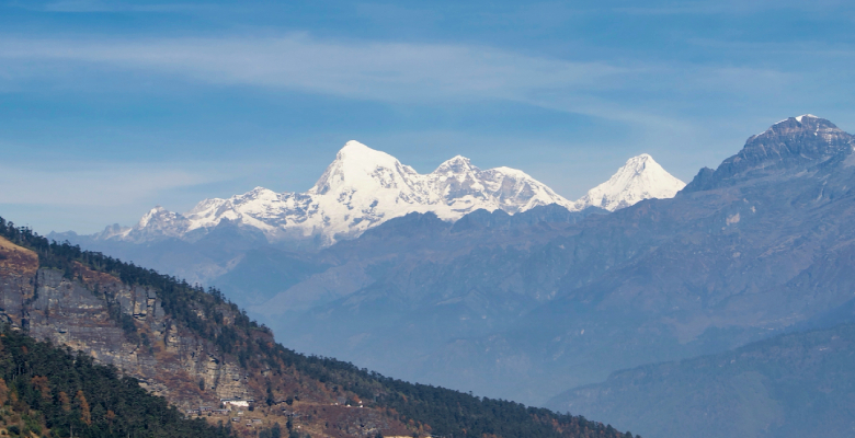 Panoramic views of the snow-covered Himalayas from Chele La Pass