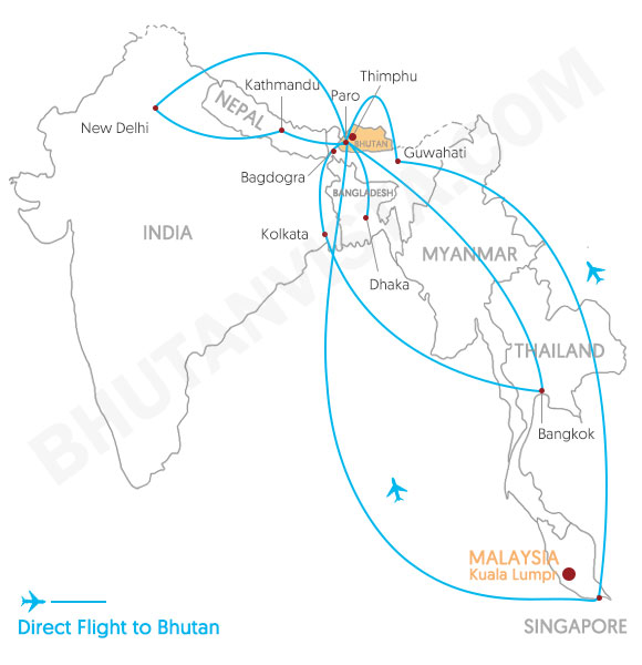 Malaysia to Bhutan Travel Map